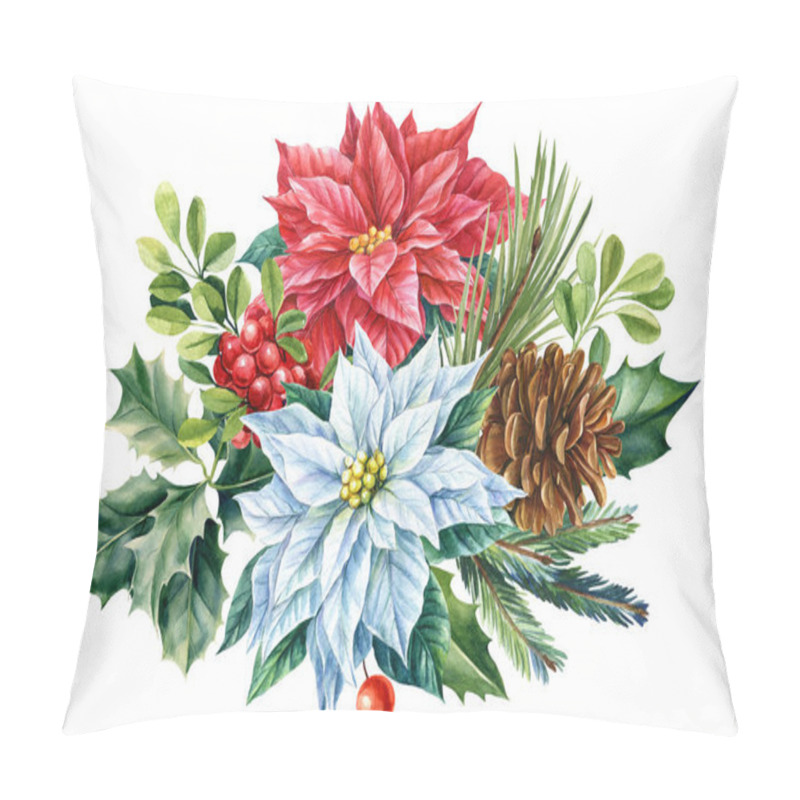 Personality  Winter Bouquet Of Poinsettia Flowers And Fir Branches On An Isolated White Background, Watercolor Illustration Pillow Covers