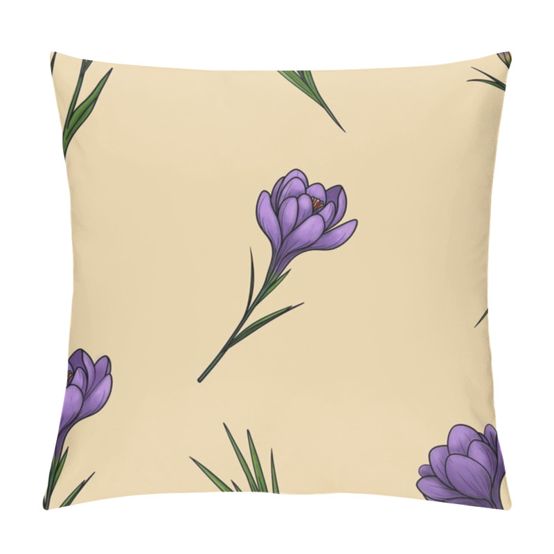 Personality  Seamless Pattern Of Spring Purple Crocuses With Leaves In Big Design On Pastel Yellow Background For Versatile Uses Pillow Covers