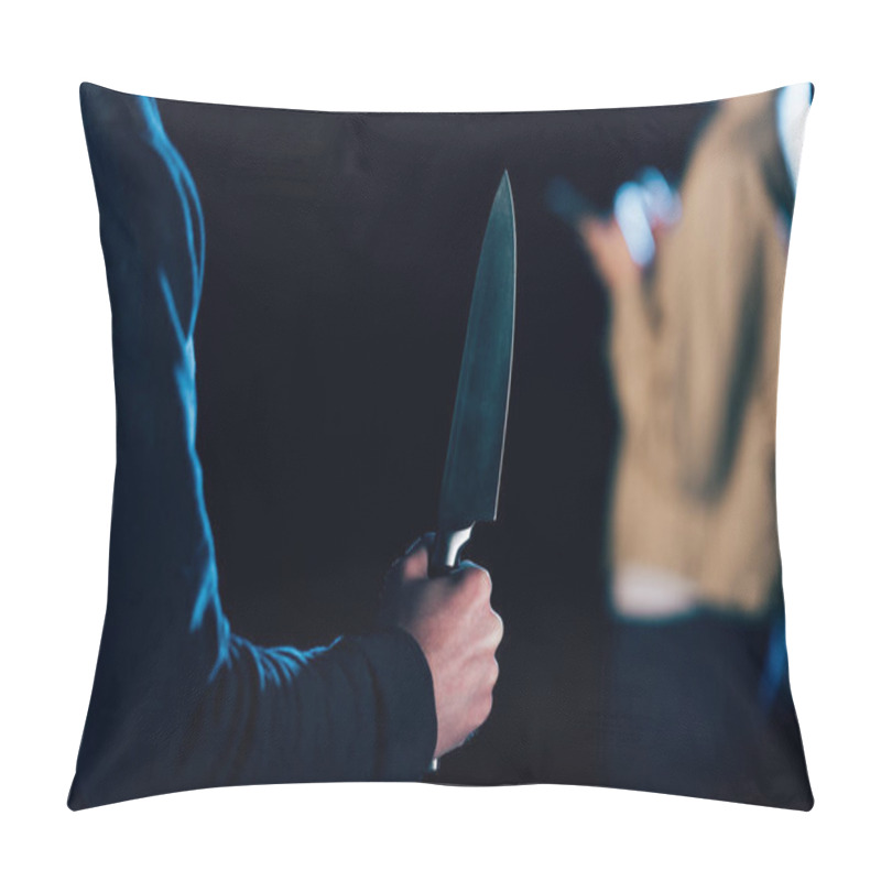 Personality  Cropped View Of Killer Holding Knife Near Woman Isolated On Black Pillow Covers