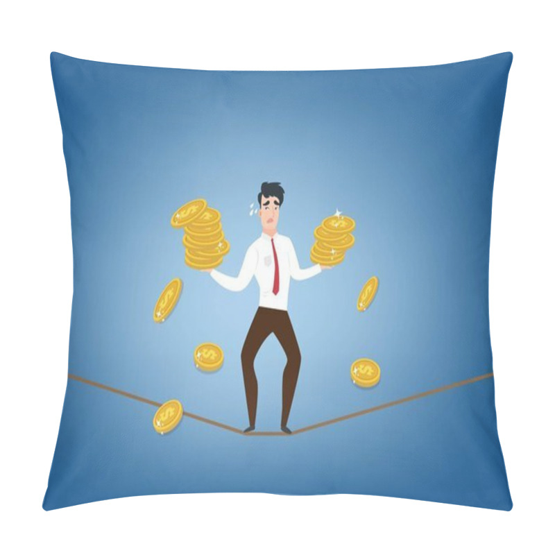 Personality  Investments Are Risky For Business People. By Comparison, A Male Character Walks On A Trembling Rope. There Were Silver Coins In Both Hands.  Flat Style Cartoon Illustration Vector Pillow Covers