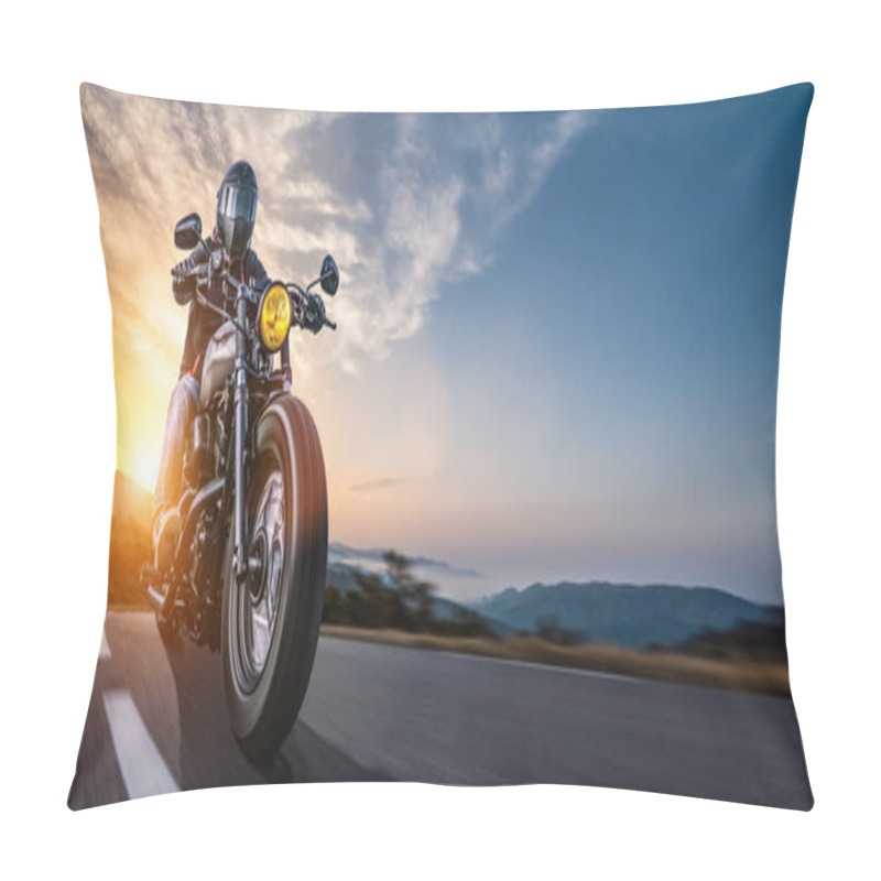 Personality  Motorbike On The Road Riding. Having Fun Driving The Empty Highw Pillow Covers