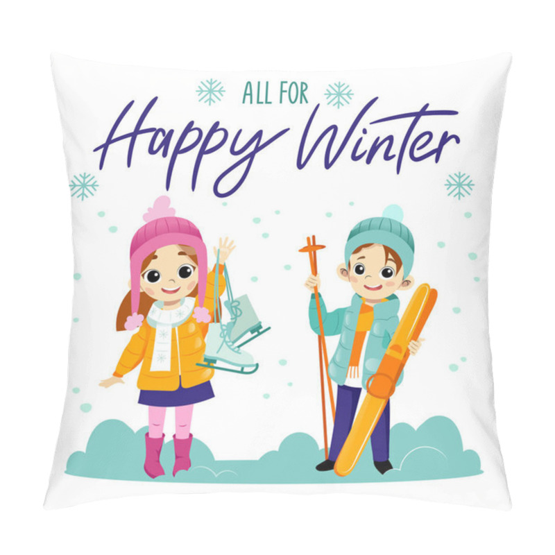 Personality  All For Happy Winter Concept. The Boy And Girl Are Skiing And Skating In Winter. Pillow Covers