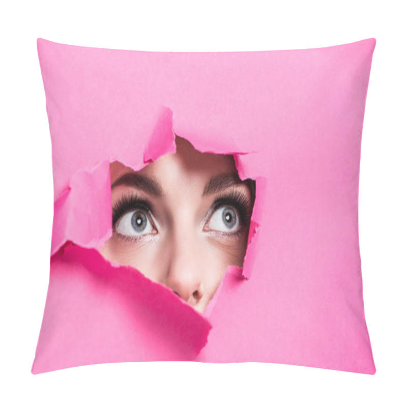 Personality  Cropped Image Of Attractive Girl Looking Out From Hole In Pink Paper Pillow Covers