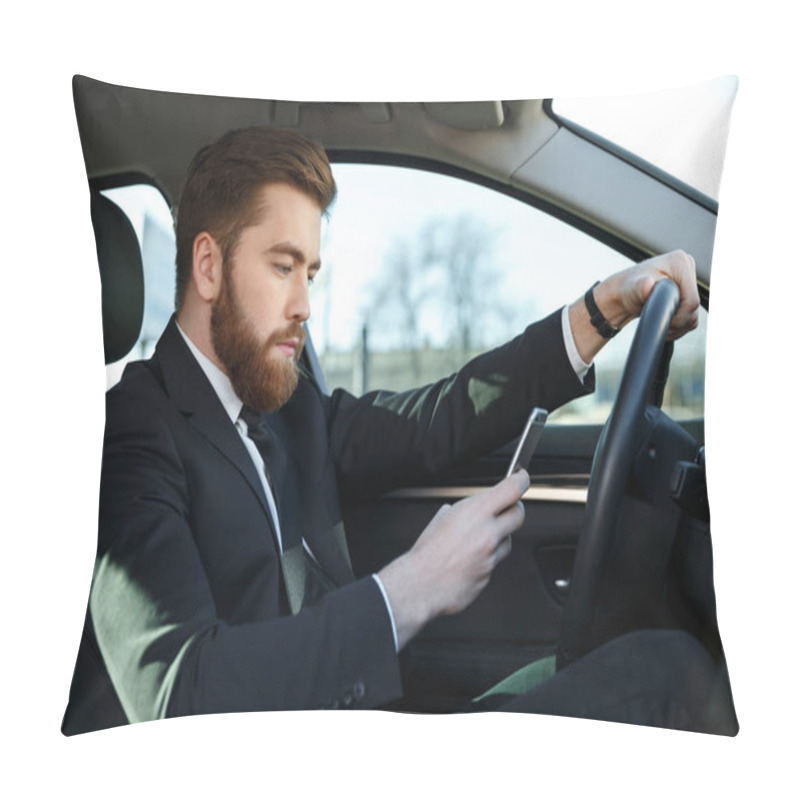 Personality  Side View Of Serious Business Man Using Phone At Wheel Pillow Covers