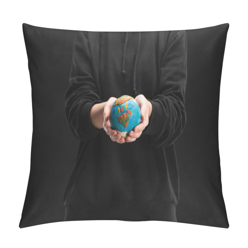 Personality  Partial View Of Woman Holding Plasticine Globe Isolated On Black, Global Warming Concept Pillow Covers