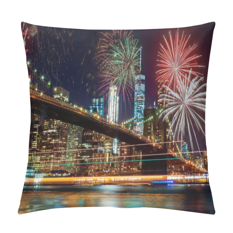 Personality  Colorful Holiday Fireworks Panoramic View New York City Manhattan Downtown Skyline At Night Pillow Covers