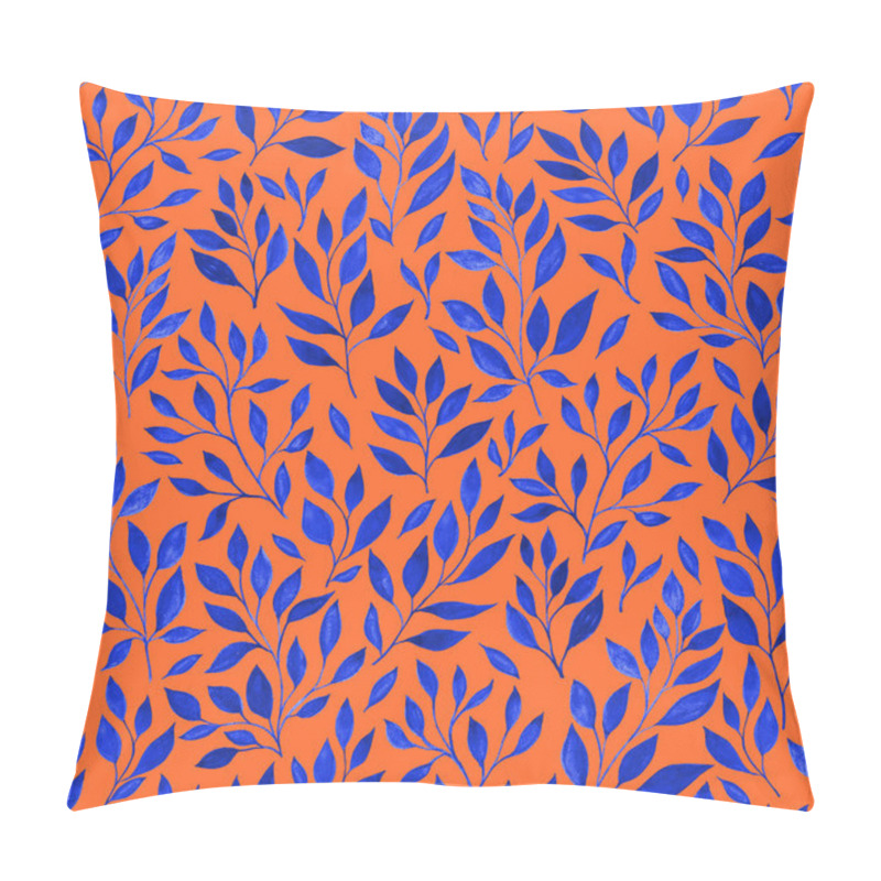 Personality  Vibrant Orange Backdrop With Blue Foliage Patterns Creating An Eye-catching Nature-inspired Design Pillow Covers