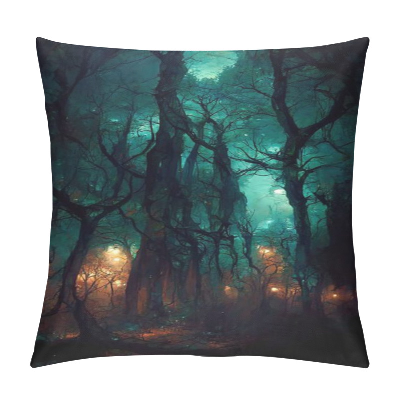 Personality  Realistic Haunted Forest Creepy Landscape At Night. Fantasy Halloween Forest Background. Surreal Mysterious Atmospheric Woods Design Backdrop. Digital Art. Pillow Covers