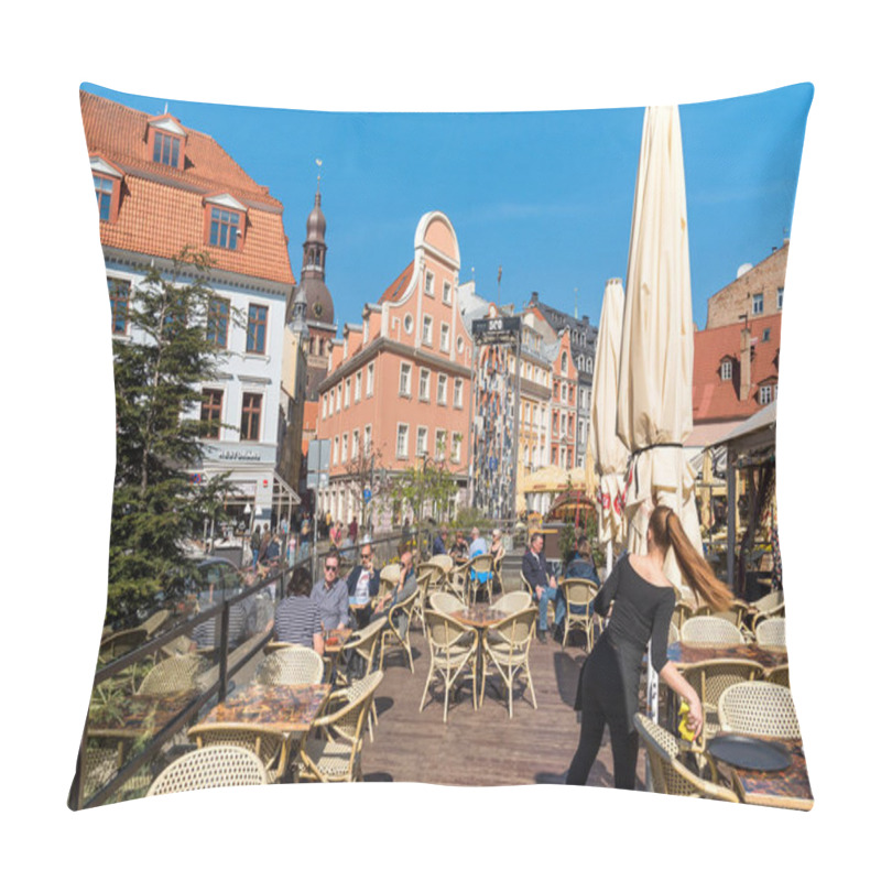 Personality  Riga, Latvia - April 30, 2018: People Relaxing And Enjoying Outdoor Bar In The Historic Center Of Riga, Latvia Pillow Covers