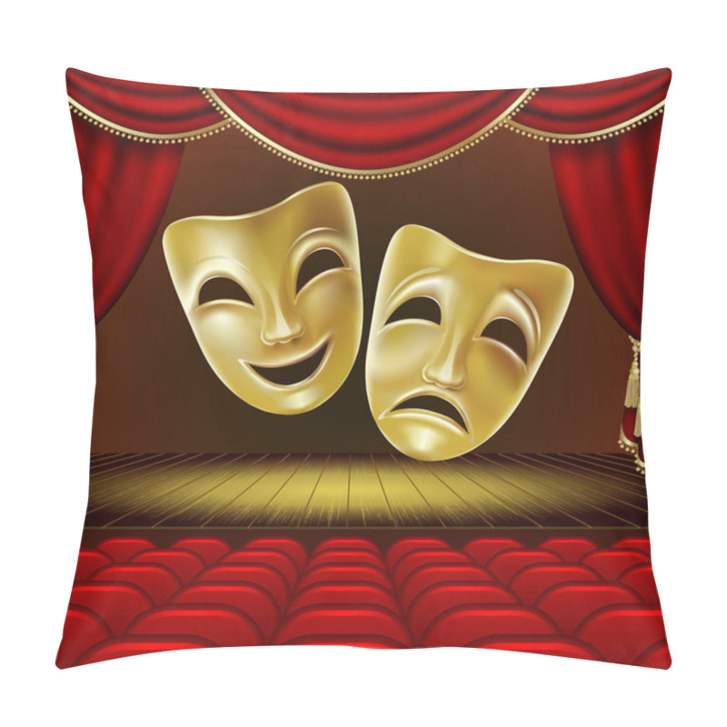 Personality  Theater Masks On A Red Background. Golden Masks. Theater Scene. Mesh. Clipping Mask Pillow Covers