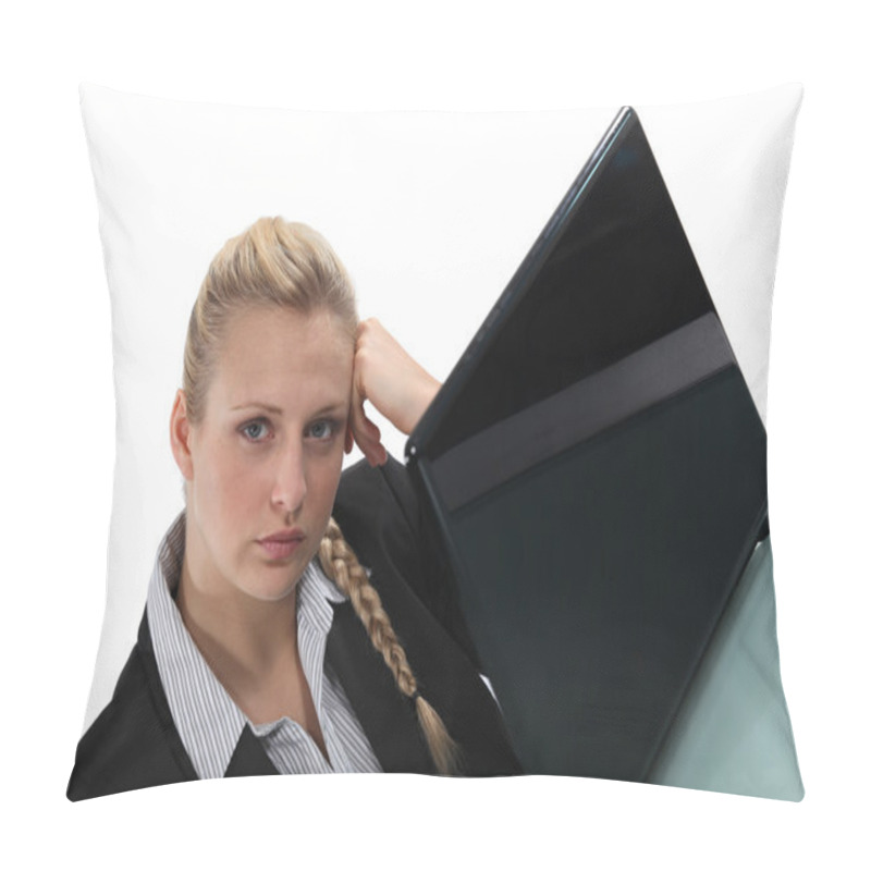 Personality  Bored Woman Working On Her Laptop Pillow Covers