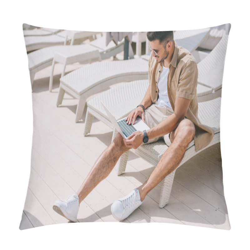 Personality  Handsome Young Man Sitting On Chaise Longue And Using Laptop At Poolside Pillow Covers