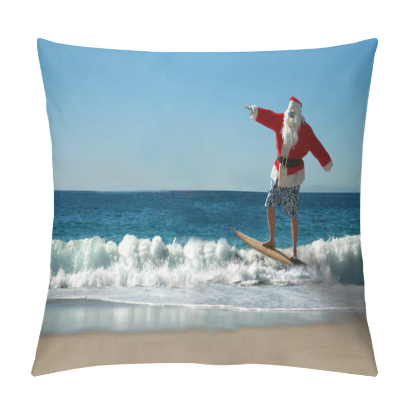 Personality  Santa Claus Surfing In The Ocean. Santa Claus Surfs The Waves While On Vacation At The Beach After Christmas. Santa Loves The Ocean And To Hang Ten On His Surfboard.  Pillow Covers