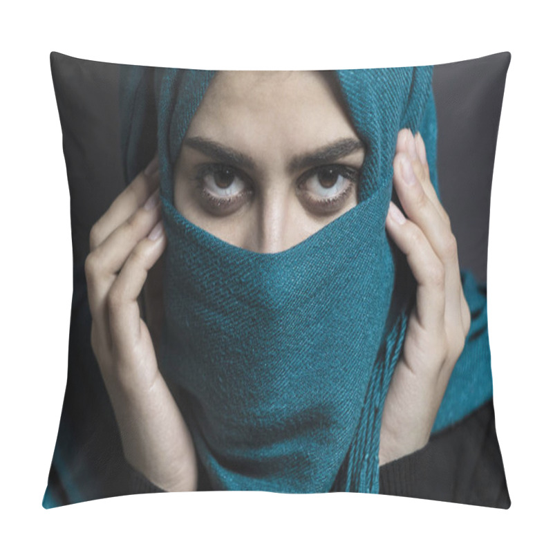 Personality  A Muslim Girl With Beautiful Eyes. Young Arab Woman In Hijab On A Black Background Pillow Covers