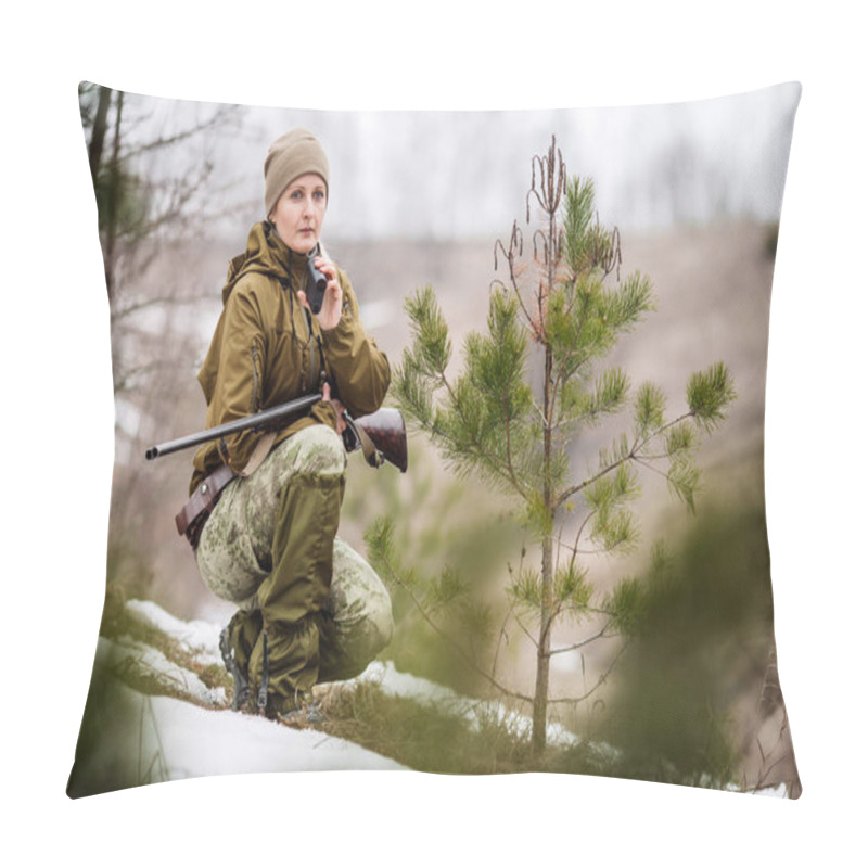 Personality  Female Hunter Ready To Hunt, Holding Laser Finder In Forest. Hun Pillow Covers