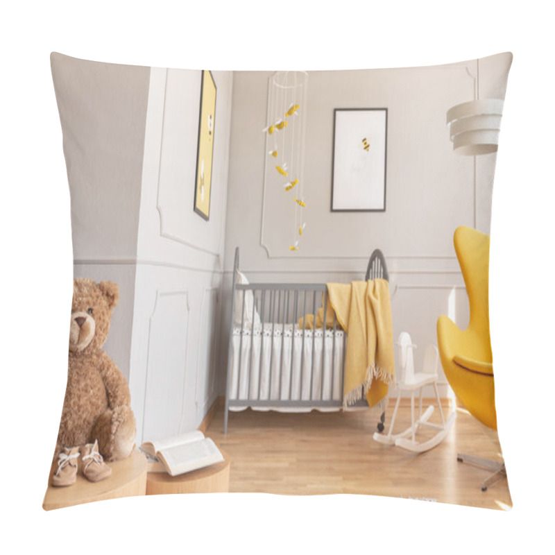 Personality  Posters On The Walls Of Chic Baby Bedroom With Grey And Yellow Design Pillow Covers