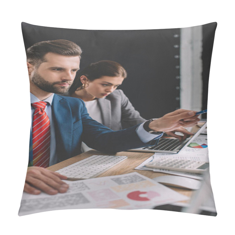 Personality  Selective Focus Of Data Analyst Working With Charts Near Colleague With Laptop At Table  Pillow Covers