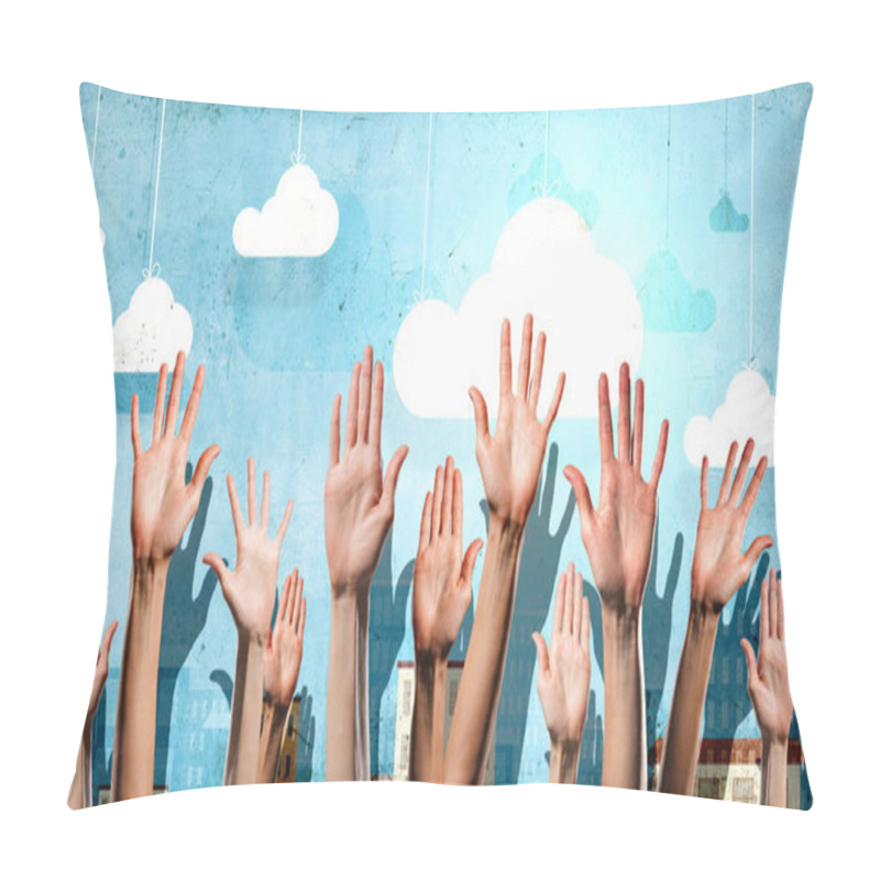 Personality  Group Of People Rise Hands . Mixed Media Pillow Covers