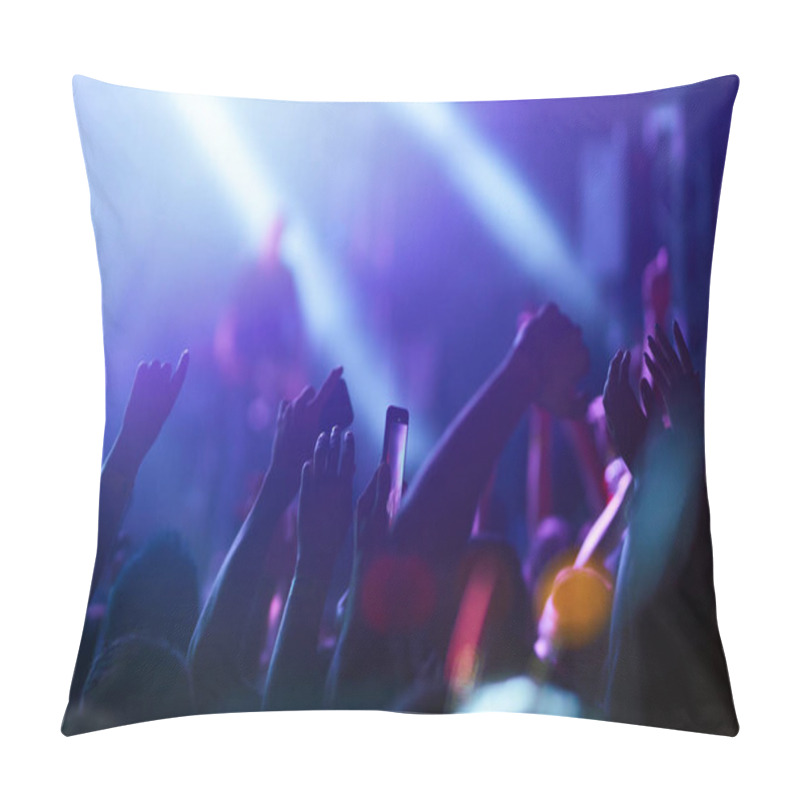 Personality  Audience With Hands Raised At A Music Festival And Lights Streaming Down From Above The Stage. Crowd Raising Their Hands, Dancing And Enjoying Great The Concert. Pillow Covers