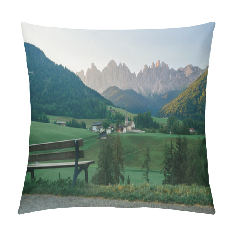 Personality  Saint Magdalena Church In Dolomites. Green Grass On The Hills And Ancient Church Behind Which Mountain. South Tyrol, Dolomites Alps In Italy. A Bench To Look At The Landscape From It Pillow Covers