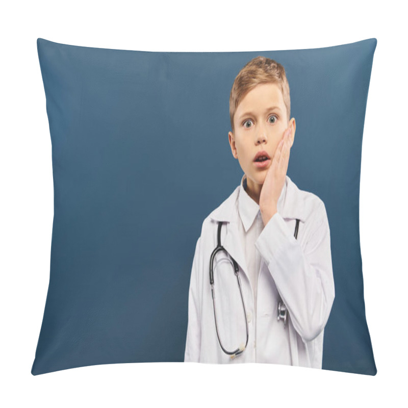 Personality  Young Boy In White Shirt And Stethoscope, Pretending To Be A Doctor On Blue Backdrop. Pillow Covers