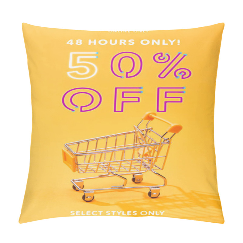 Personality  Empty Small Shopping Cart On Bright Orange Background With 48 Hours Only 50 Percent Off Illustration Pillow Covers