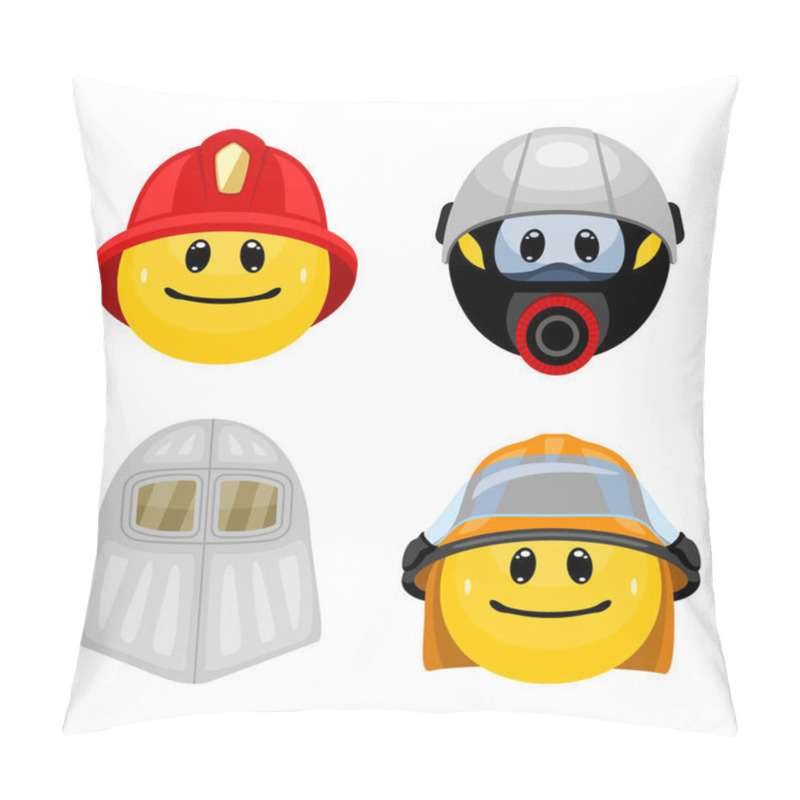 Personality  Vector Set Of Emoticons In Firefighter Clothes. Collection Of Face Icons Wearing Fireman Helmets And Masks In Cartoon Style On White Background. Pillow Covers