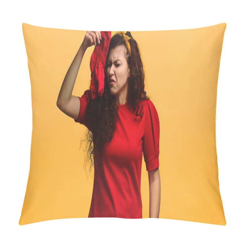 Personality  Young Woman Feeling Aversion While Holding Stinky Socks Isolated On Orange Pillow Covers