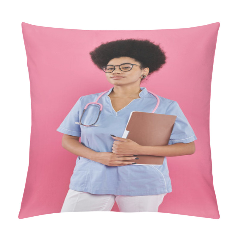 Personality  Breast Cancer Awareness, African American Doctor, Female Oncologist With Folder, Pink Backdrop Pillow Covers