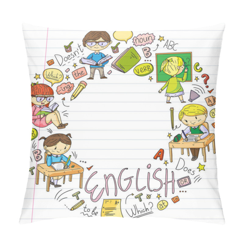 Personality  English School For Children. Learn Language. Education Vector Illustration. Kids Drawing Doodle Style Image. Pillow Covers