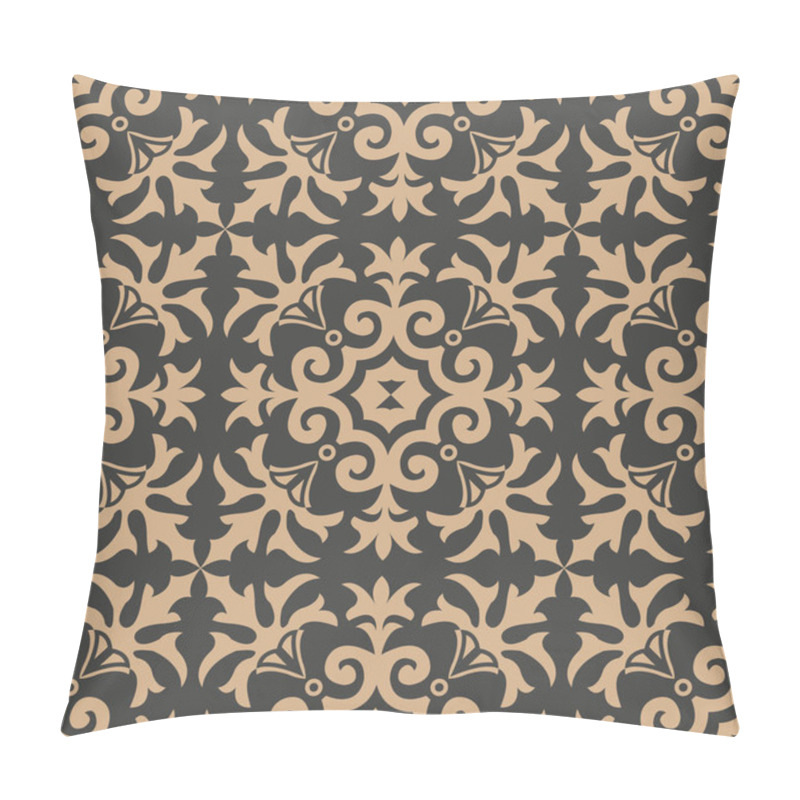 Personality  Vector Damask Seamless Retro Pattern Background Spiral Curve Cross Plant Vine Flower Kaleidoscope. Elegant Luxury Brown Tone Design For Wallpapers, Backdrops And Page Fill. Pillow Covers