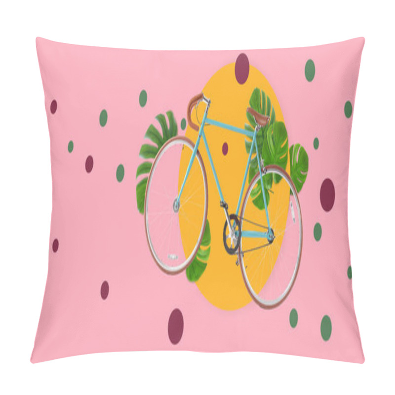 Personality  Collage With Bicycle And Tropical Leaves On Pink Background Pillow Covers