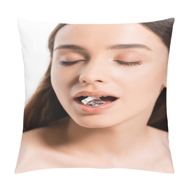 Personality  Beautiful Brunette Young Naked Woman With Perfect Skin Holding Ice Cube In Mouth With Closed Eyes Isolated On White Pillow Covers