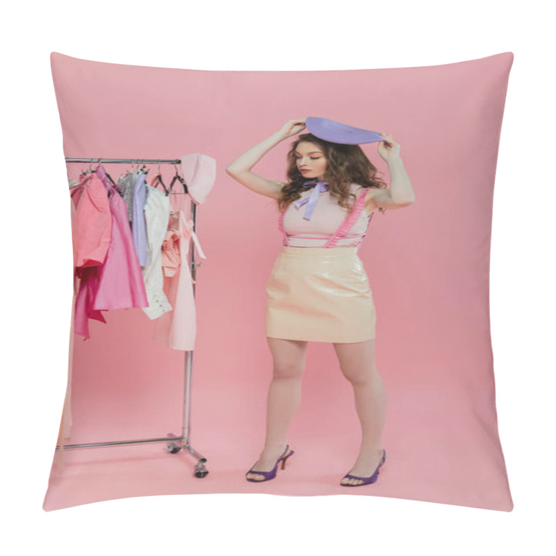 Personality  Wardrobe Selection, Beautiful Young Woman With Wavy Hair Choosing Clothes, Pretending To Be A Doll, Standing Near Clothes Rack, Trying On Purple Beret And Standing On Pink Background, Full Length  Pillow Covers