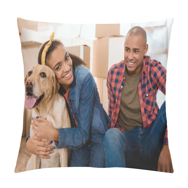 Personality  Happy African American Family With Labrador Dog Moving To New Apartment Pillow Covers