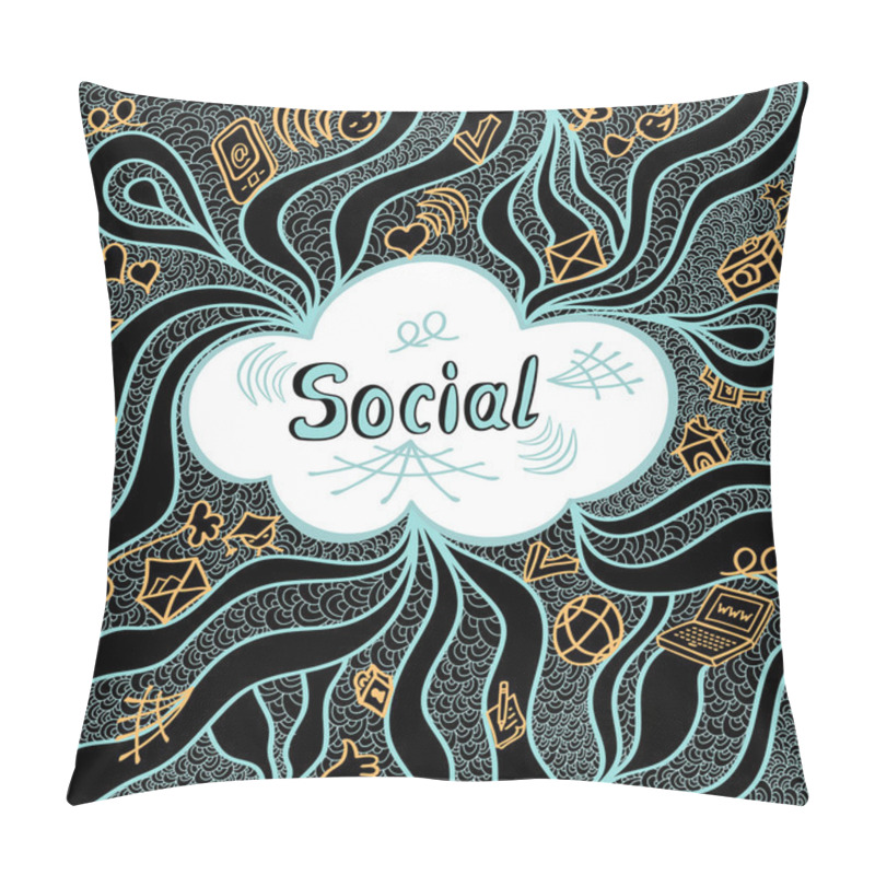 Personality  Abstract Social Cloud In Doodle Style On Black Background Pillow Covers