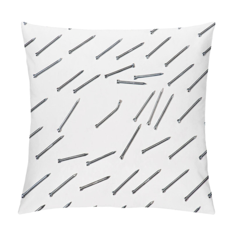 Personality  Top View Of Straight And Bent Iron Nails Isolated On White Pillow Covers