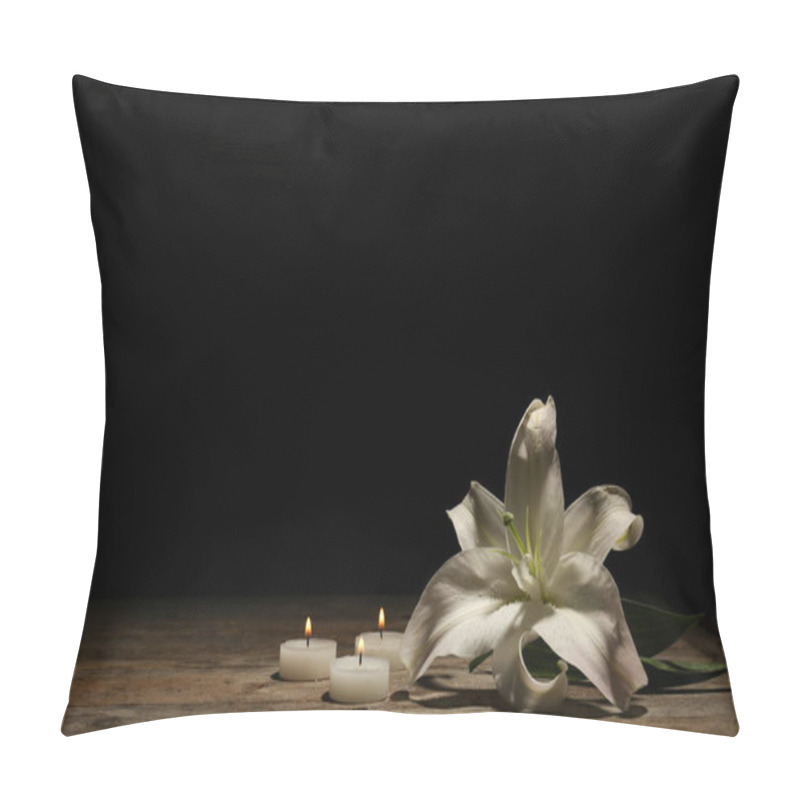 Personality  Beautiful Lily And Burning Candles On Dark Background With Space For Text. Funeral Flower Pillow Covers