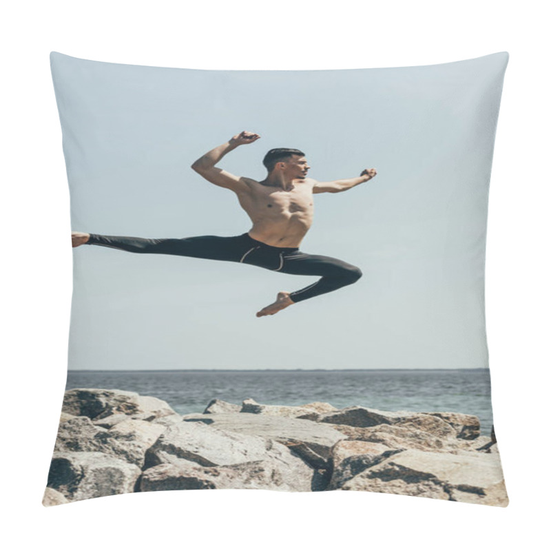 Personality  Athletic Shirtless Dancer Jumping Over Rocky Seashore Pillow Covers