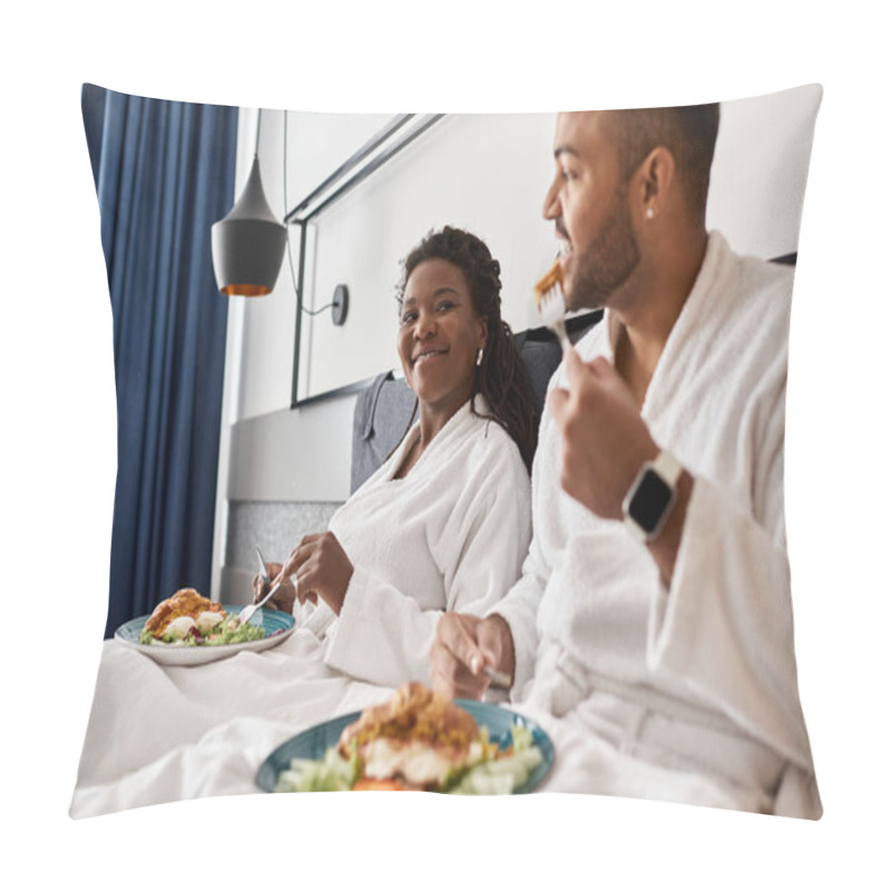 Personality  A Young Couple Relaxes In A Hotel Room, Sharing A Delightful Meal And Smiles, Enjoying Their Vacation Together. Pillow Covers