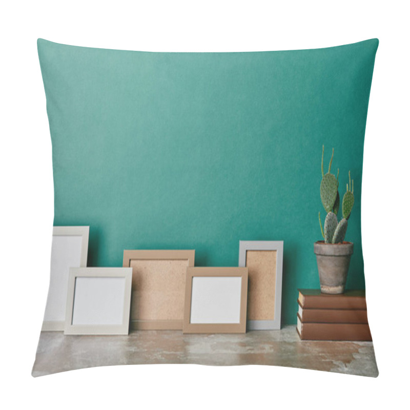 Personality  Photo Frames And Cactus In Pot On Books On Green Background Pillow Covers