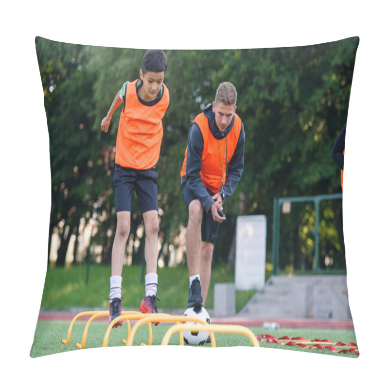 Personality  Experienced Football Coach Watches His Pupils Perform Running Exercises With Overcoming Obstacles Using Racks At Stadium Pillow Covers