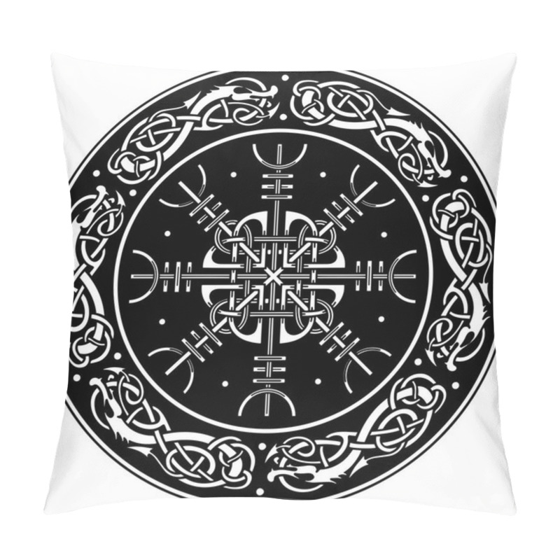 Personality  Viking Shield Decorated With A Scandinavian Pattern Of Dragons And Aegishjalmur, Helm Of Awe Helm Of Terror Icelandic Magical Staves Pillow Covers