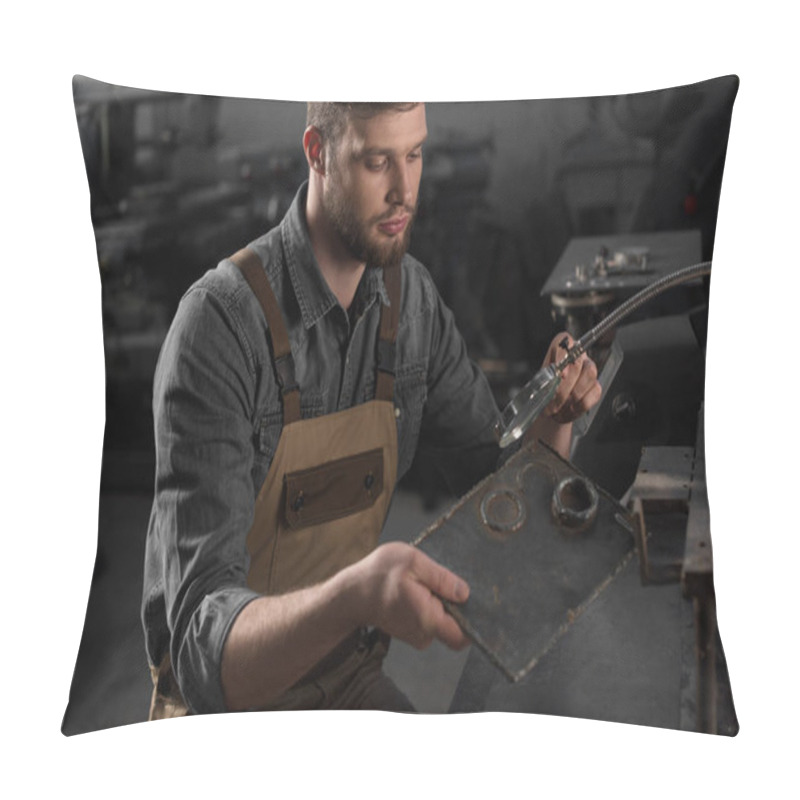 Personality  Workman Looking With Magnifying Glass Looking At Metal Part  Pillow Covers