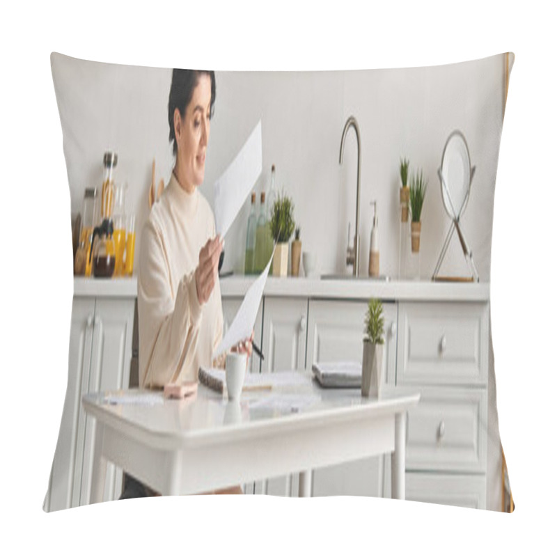 Personality  A Disabled Woman In A Wheelchair Sits At A Table In Her Kitchen, Holding A Piece Of Paper, Lost In Thought. Pillow Covers