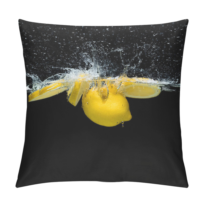 Personality  Close Up View Of Fresh Lemon Pieces In Water With Splashes Isolated On Black Pillow Covers