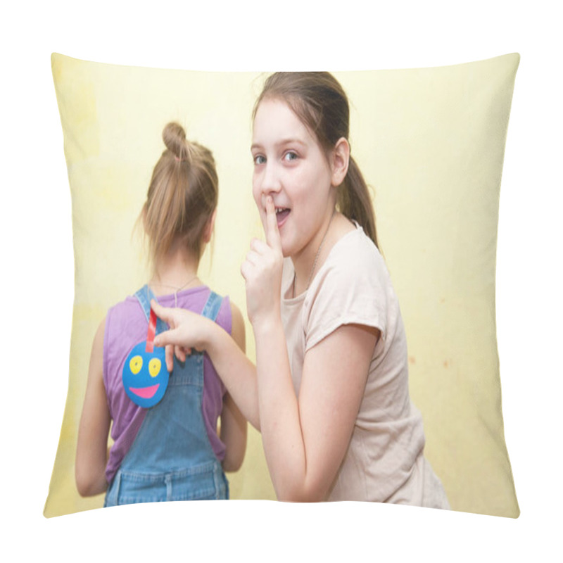 Personality  Joke On  First Of April,  Girl Sticking  Smiley Face On Her Girlfriend's Bac Pillow Covers