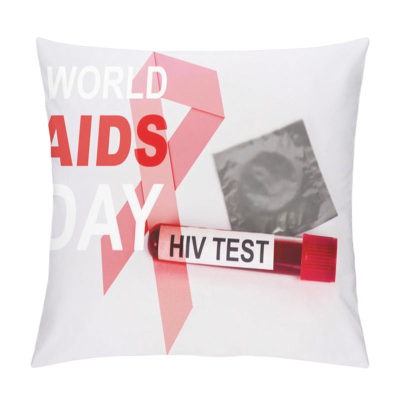 Personality  Sample With Hiv Test, Condom In Pack And World Aids Day Lettering Near Red Ribbon Illustration On White  Pillow Covers