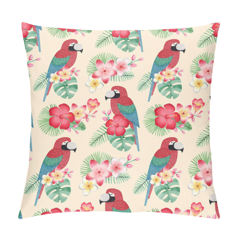 Personality  Watercolor Illustrations Of Parrots, Tropical Flowers And Leaves. Seamless Tropical Pattern Pillow Covers