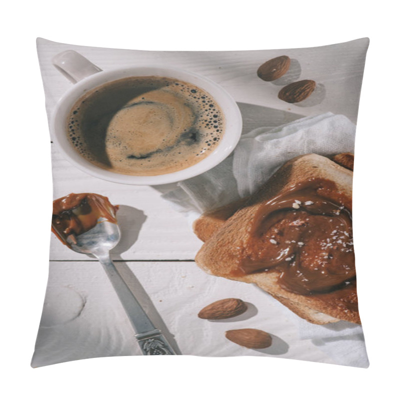 Personality  Top View Of Toast Bread With Chocolate And Cup Of Coffee On White Wooden Table Pillow Covers